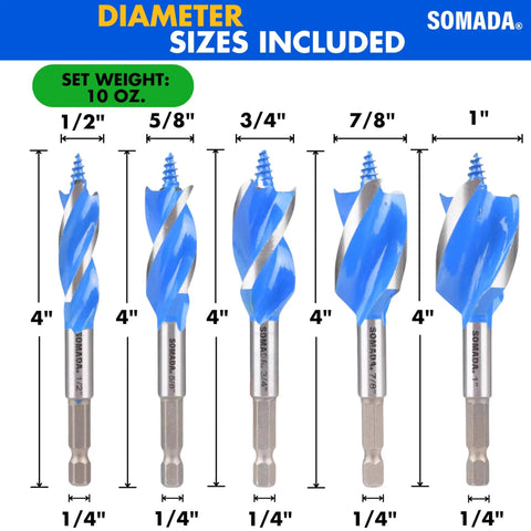 Auger Drill Bit Set For Wood, Five Piece Including One Half Inch, Five Eighths Inch, Three Quarters Inch, Seven Eighths Inch And One Inch