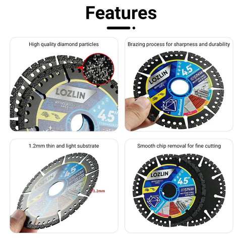 Versatile 3 Pack 4.5 Inch Diamond Multi Purpose Saw Blades For Angle Grinder showing features and close-up view