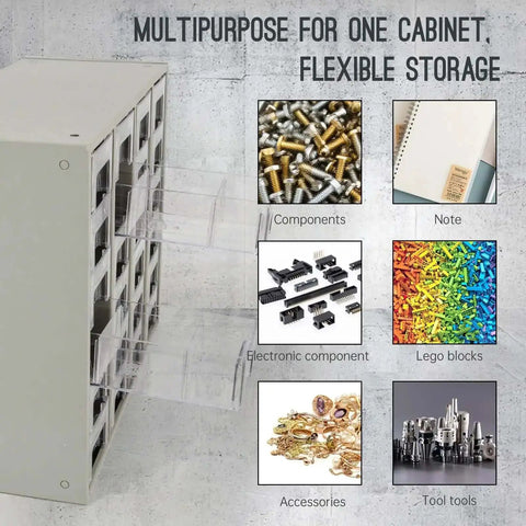 Heavy Duty 24 Drawer Metal Parts Cabinet With Clear PS Drawers Bolt And Nut Organizer For Workshop Garage Or Office Stackable Hardware Storage Cabinet No Assembly Required Galvannealed Steel Build Built To Last with open drawers showing contents like screws, notes, and tools.