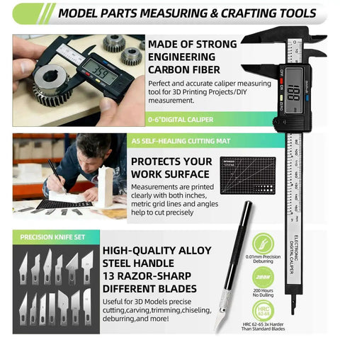 Must Have 76 Piece 3D Printer Tools Kit With Digital Caliper and precision deburring tool for Bambu Lab Ender 3 printers.