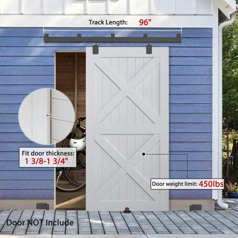 Outdoor Grade 8-Foot Sliding Barn Door Hardware Kit for Exterior Use, Heavy Duty Track System With Galvanized Steel Rails, Wall Mount, Black Finish, Hardware Only No Door, installed on exterior wall.