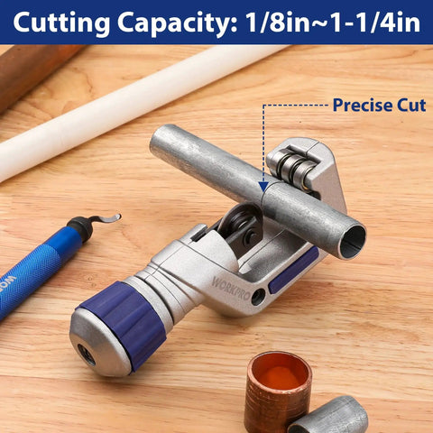 Versatile Tubing Cutter Set For Copper Aluminum Brass And Plastic Pipes One Eighth To One Quarter Inch Cutting Capacity With Deburring Tool For Clean Burr Free Edges And Quick Repairs By WORKPRO, showing cutter on wooden surface.