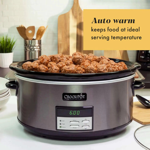 8-Quart Go-To Programmable Slow Cooker With Auto Warm, Digital Timer, And Easy Cleanup In Black Stainless Steel shown with meatballs