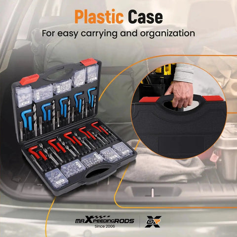 320 Piece Helicoil Thread Repair Kit With Metric And SAE Thread Restorer Set in open plastic case, tools visible for M5 to M12 sizes