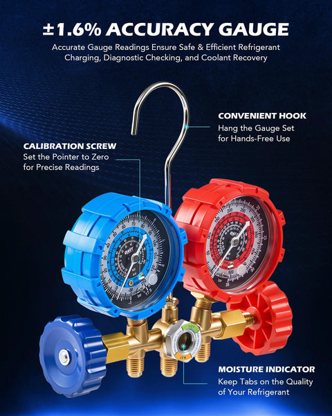 Orion Motor Tech AC vacuum pump and gauge set with blue and red gauges on brass manifold and hanging hook