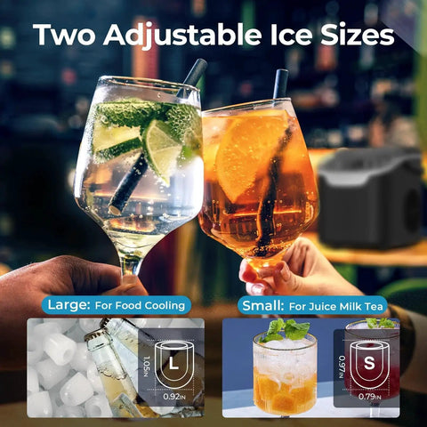 Two drinks with ice cubes, showcasing size options from Portable Countertop Ice Maker With 26lb Daily Capacity And Two Ice Size Options.