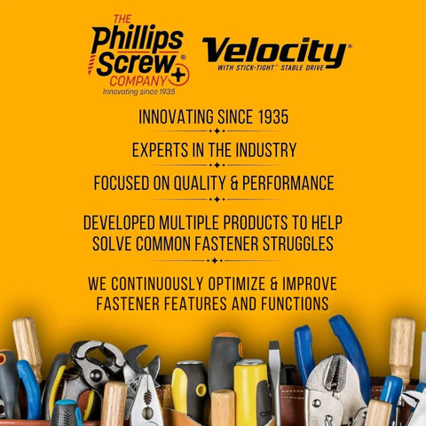 Phillips Screw Company and Velocity branding with tools illustration, emphasizing innovation and quality since 1935