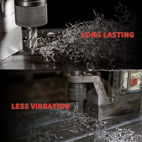 Close-up of annular cutter drilling metal with shavings around, less vibration. Shown is Six Piece Annular Cutter Set For Magnetic Drill Press With Weldon Shank Three Quarter Inch And One Inch Cutting Depth Diameters From One Half To One And One Sixteenth Inch M2AL HSS Steel Core Bits Kit For Durable Drilling By S F Stead And Fast.