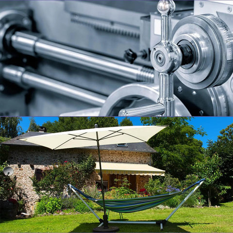 Metal machinery component with stainless steel handles; outdoor garden hammock and umbrella near a stone house