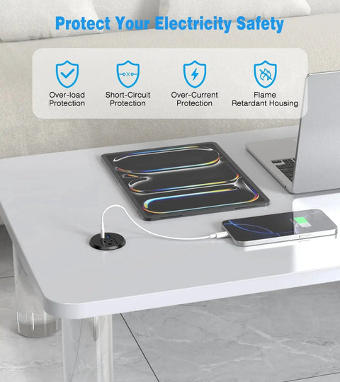 2 Inch Desk Power Grommet Outlet with 20W USB C Fast Charging installed on a table charging a device, safety features displayed