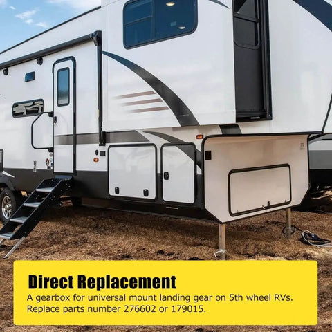 Side view of RV with Go To Fifth Wheel Landing Gear Box Replacement For RV Universal Mount 276602 179015 Compatible With Lippert Venture Atwood Pac Rim Stromberg Carlson Gearbox installed.