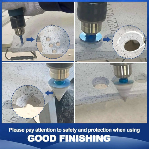 Dry Diamond Core Drill Bit Set For Tile And Stone Pro Grade By BRSCHNITT in use on tile with multiple hole saws and chamfer bit.