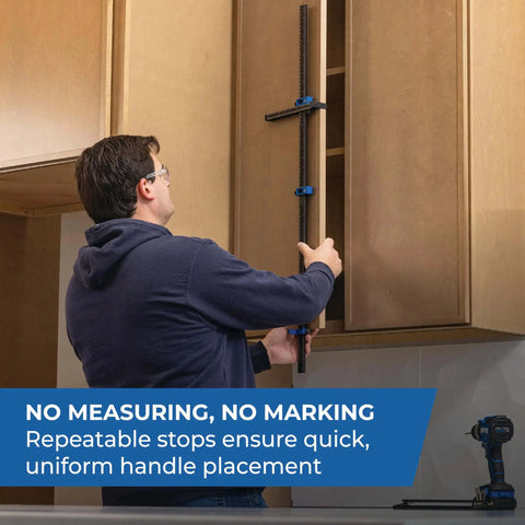 Man using Cabinet Hardware Jig Pro XL Flexible Full Length To Compact Setup For Wide Pulls Or Knob Mounts on wooden cabinet