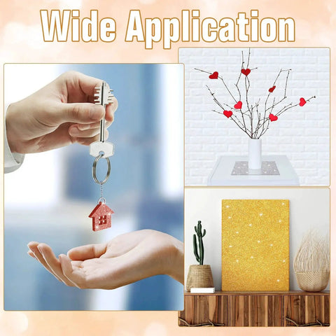 Wide application of glitter acrylic sheets set for DIY crafts and laser cutting, shown as key tag, home decor, and sign.