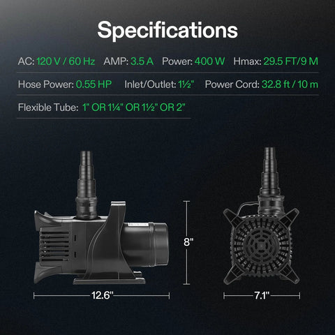 VIVOSUN 5284 GPH submersible pond pump, 400W, ultra-quiet; 12.6 x 8 x 7.1 in, 1.5 inch inlet/outlet, for pond and fountain