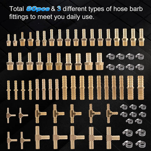 Brass Hose Barb Fittings Kit For Air Water And Fuel Lines KOOTANS 80 Piece Barbed Fittings Set with splicers and clamps
