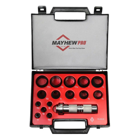 16 Piece Hollow Punch Set For Leather, Vinyl, Cloth And Light Metal in black plastic case with visible sizes and tools.
