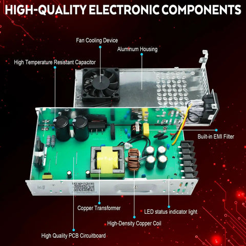 Beefy 24V 600W DC Switching Power Supply 110V to 220V AC Input 24V DC Output with internal components and features labeled.