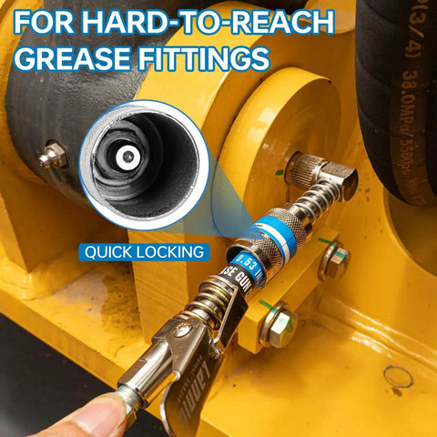 Heavy Duty 8000 PSI Pistol Grip Grease Gun Kit With 14 Oz Capacity 0.53 Inch Coupler And 90 Degree Adapter 18 Inch Flexible Hose in use