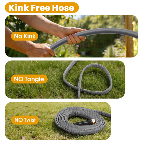 Garden hose, 100 ft, gray non-expanding, kink-free; Amazon GUKOK lawn & patio hose.