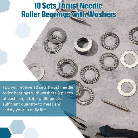 Thrust needle roller bearings with washers, 10 sets, 0.75 in bore, 1.25 in OD, metal industrial bearing kit