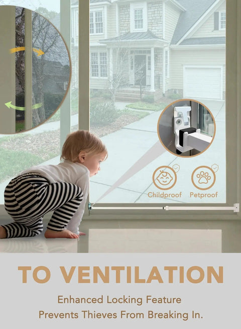 Childproof extendable sliding door security lock bar for child safety, anti lift lock, adjustable 19 to 51 inches with three bars.