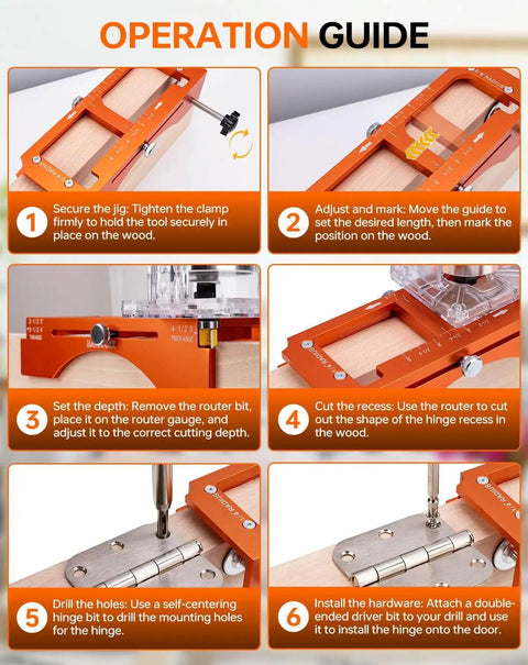 Step-by-step use of Heavy Duty Door Hinge Jig And Lock Installation Kit With Anodized Aluminum Router Template for precise hinge pockets.