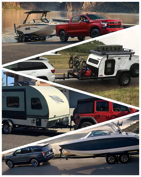 Collage of vehicles towing boats, trailers, and campers in diverse landscapes, showcasing versatility and outdoor adventures.