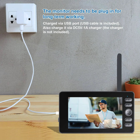 Wireless Video Doorbell With No Subscription No WiFi No App Needed 1080P HD Video 4.3 Inch Screen shown charging via USB on table