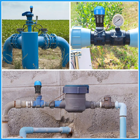 Threlaco 2-pack blue air release valves with 3/4 inch male threads on irrigation drip system.