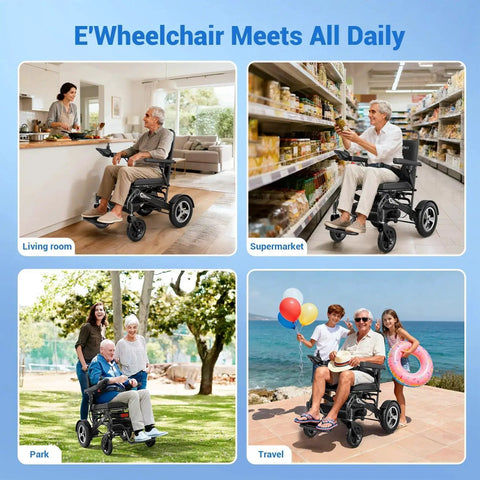 Foldable electric wheelchair with carbon fiber finish, lightweight motorized chair for adults; electromagnetic brake.