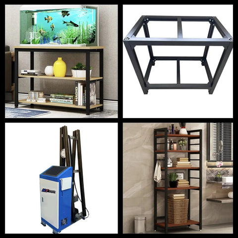 Collage of metal frames and shelves, including storage units, an aquarium stand, and a tower structure, with black finish.