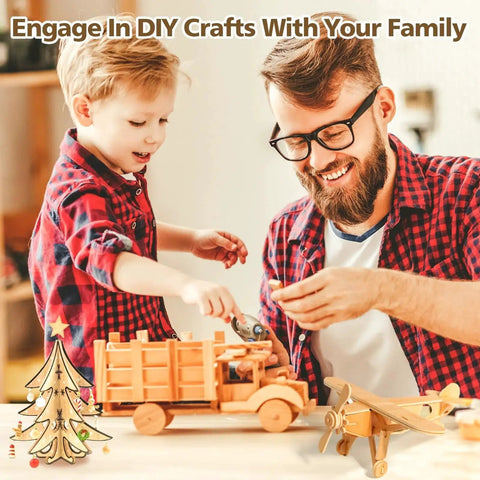 Father and son building wooden toy truck and airplane together on a table, promoting DIY crafts for family bonding.
