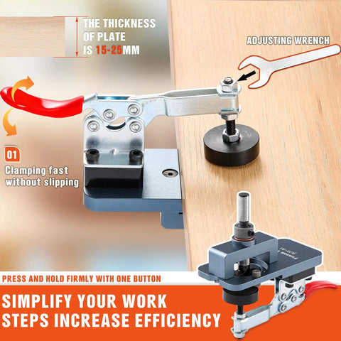 All Metal Concealed Hinge Jig with 35mm Drilling Hole Template and Quick Clamp in use on wooden board.