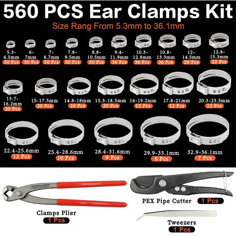 560Pcs Single Ear Hose Clamps Assortment Kit 304 Stainless Steel 22 Size 5.3-36.1Mm Cinch Crimp Hose Clamp Stepless Pinch Clamp With Tools