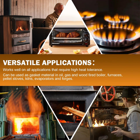High temperature gasket paper, ceramic fibre, 7x10x1/8 in, 8 pcs; collage shows pellet stove, furnace, forge