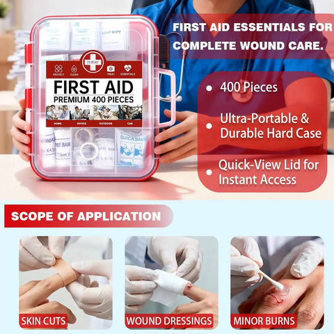 All Purpose 400 Piece First Aid Kit With Dual Layer Wall Mount Organizer, open view and applications for wounds, skin cuts, burns.