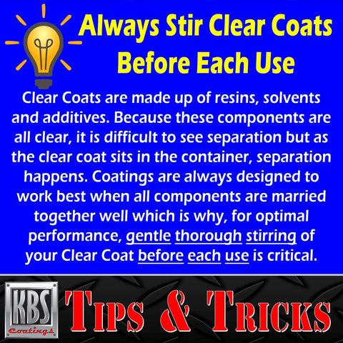 Instructional text about stirring clear coats from KBS Coatings Tips and Tricks.