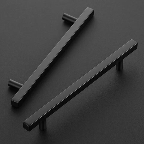 10 Pack Matte Black Square Cabinet Pulls Stainless Steel Kitchen Cupboard And Dresser Handles arranged on dark background