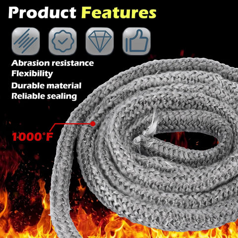 LikeLion wood stove door gasket rope, graphite-impregnated fiberglass, 1/2 in x 84 in, high-temperature 1000°F