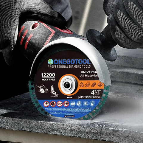 Indestructible Diamond Cut Off Wheels For Angle Grinder Four And A Half Inch With Seven Eighths Arbor All Purpose Metal Tile Stone Cutting Discs 3 Pack ONEGOTOOL in use cutting metal