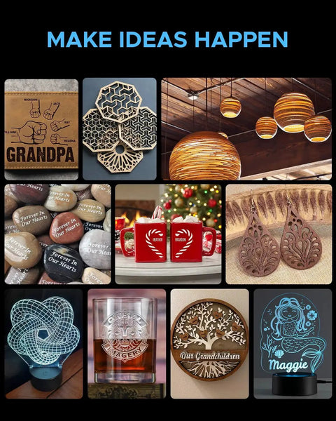 Various engraved and laser-cut items displaying intricate designs, showcasing the capabilities of a powerful 45W CO2 laser engraver for home use and hobbyists.