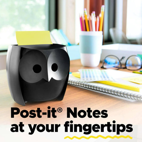 Pop-up sticky note dispenser with one 50-sheet canary yellow 3 in x 3 in pad, black base and clear lid desktop holder on office desk