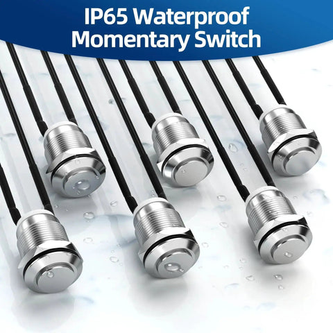 IP65 Waterproof 12V Momentary Push Button Switch 12mm Metal Normally Open SPST 2 Pin for Automotive Marine Electronics