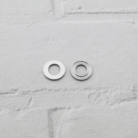 Two chrome steel thrust bearings, 8 mm x 16 mm x 5 mm, miniature flat bearings, top-down view