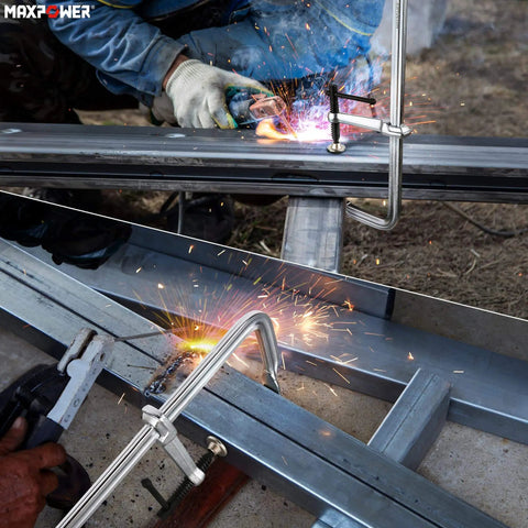 Heavy Duty F Clamp Set, 16 Inch Opening, 4.75 Inch Throat Depth in use during metal welding fabrication, sparks visible