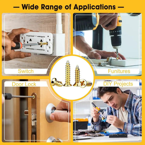 Applications of 1200-Piece Self Tapping Screws Set for Plastic and Metal in woodworking, electronics, door locks, switches, and furniture.