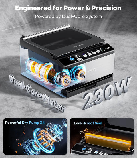 DualCore CVS101 chamber vacuum sealer for liquids and sous vide; 6L capacity, dual vacuum zones, extra-wide bag clamp.