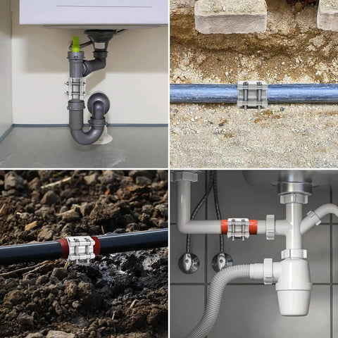 Upgraded Pipe Repair Clamp With M1 Self Adhesive Leak Sealing Tape installed on various pipes in different environments.