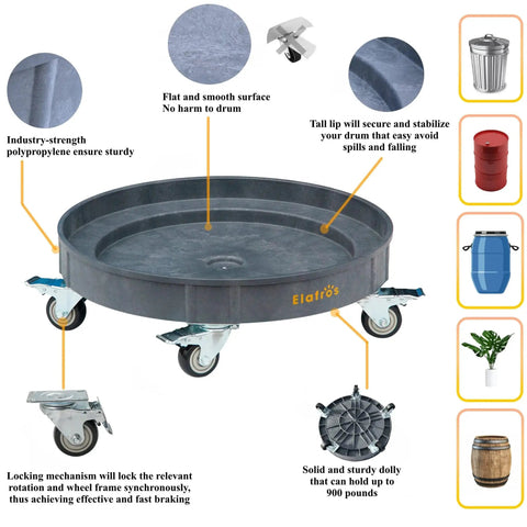 Heavy-Duty Plastic Drum Dolly For 30 And 55 Gallon Drums, 900 Lb Capacity, with swivel casters, shown with security features highlighted.